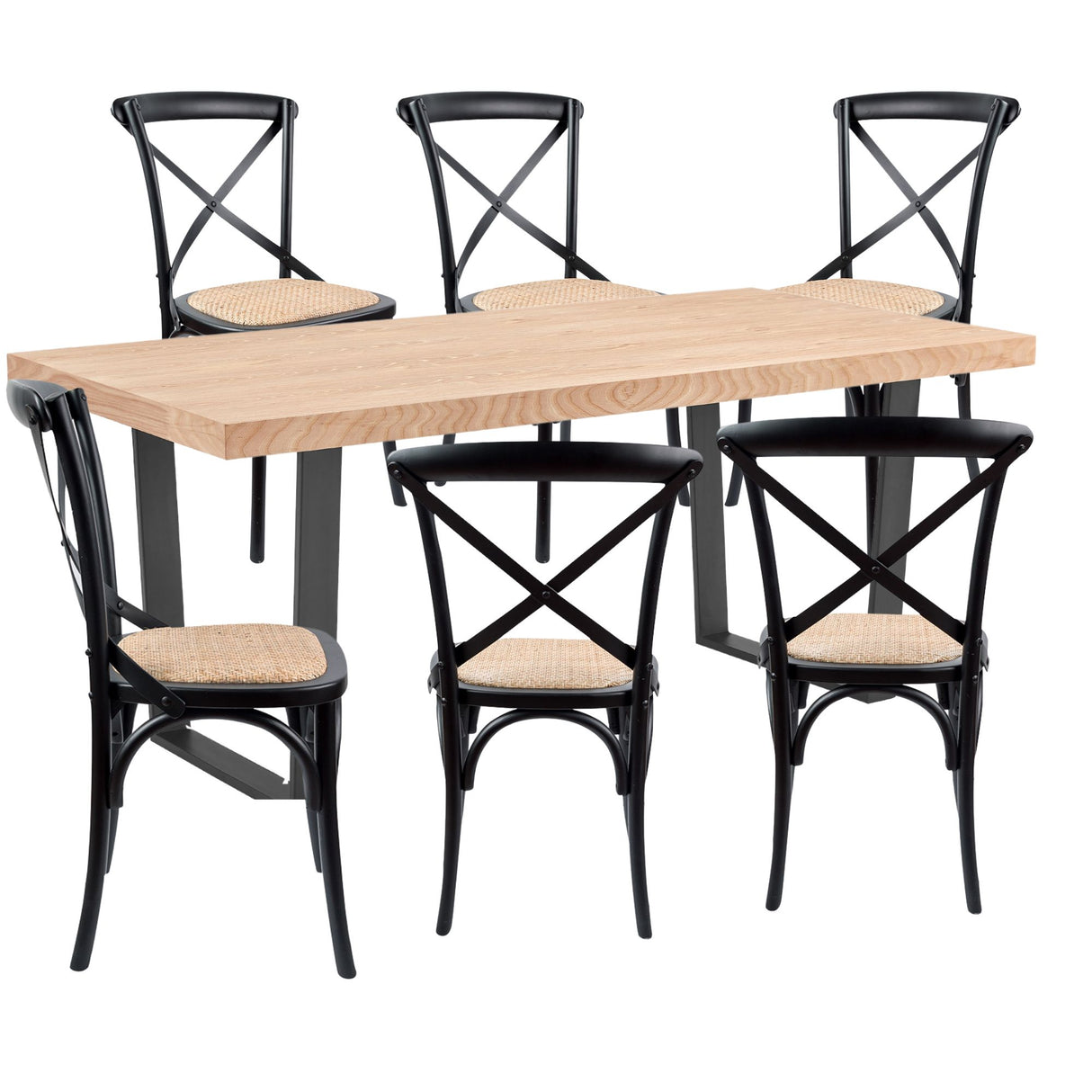 Petunia 7pc 180cm Dining Table Set 6 Cross Back Chair Elm Timber Wood Metal Leg