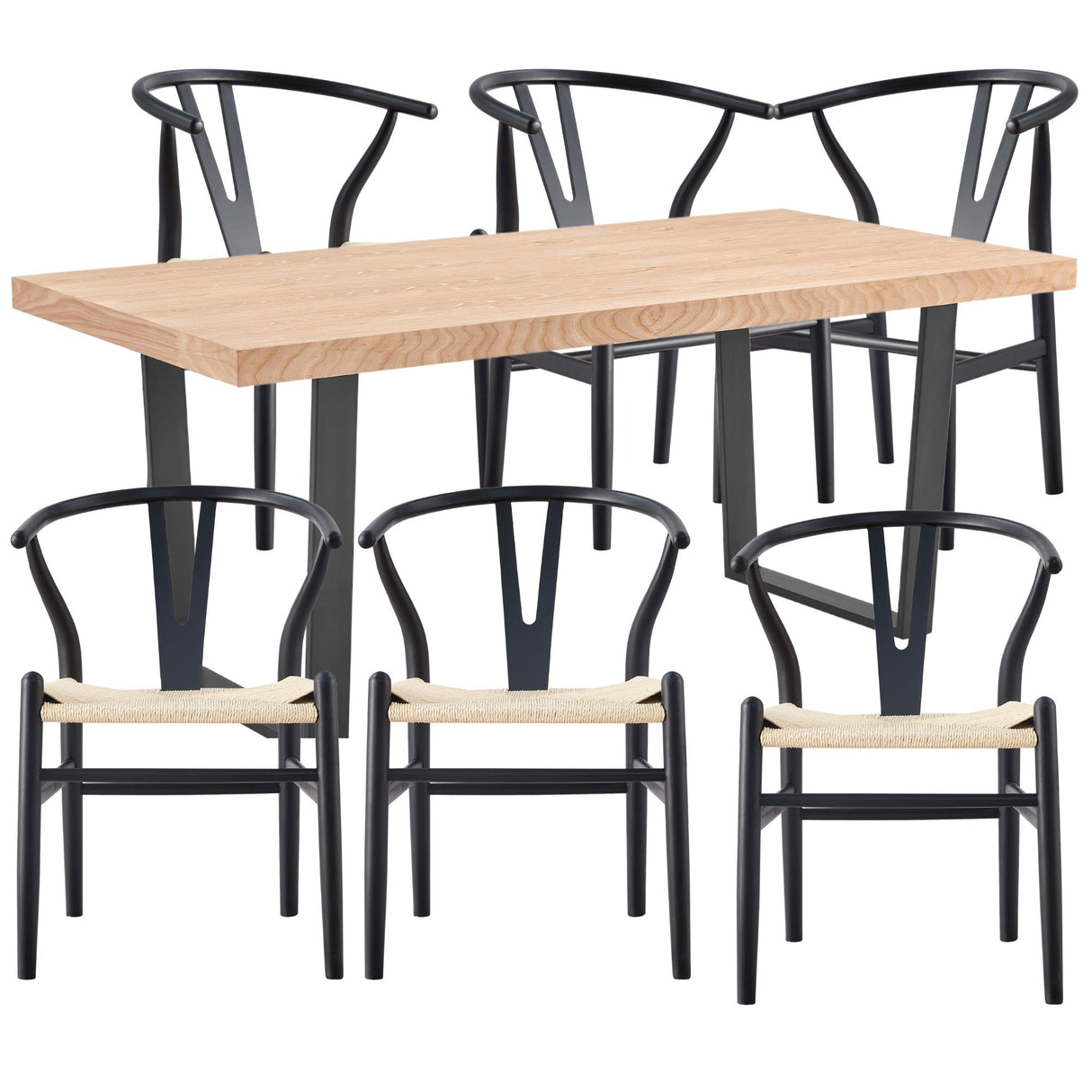 Petunia 7pc 180cm Dining Table Set 6 Wishbone Chair Elm Timber Wood Metal Leg