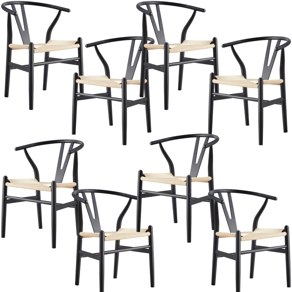 Anemone Set of 8 Wishbone Dining Chair Beech Timber Replica Hans Wenger - Black