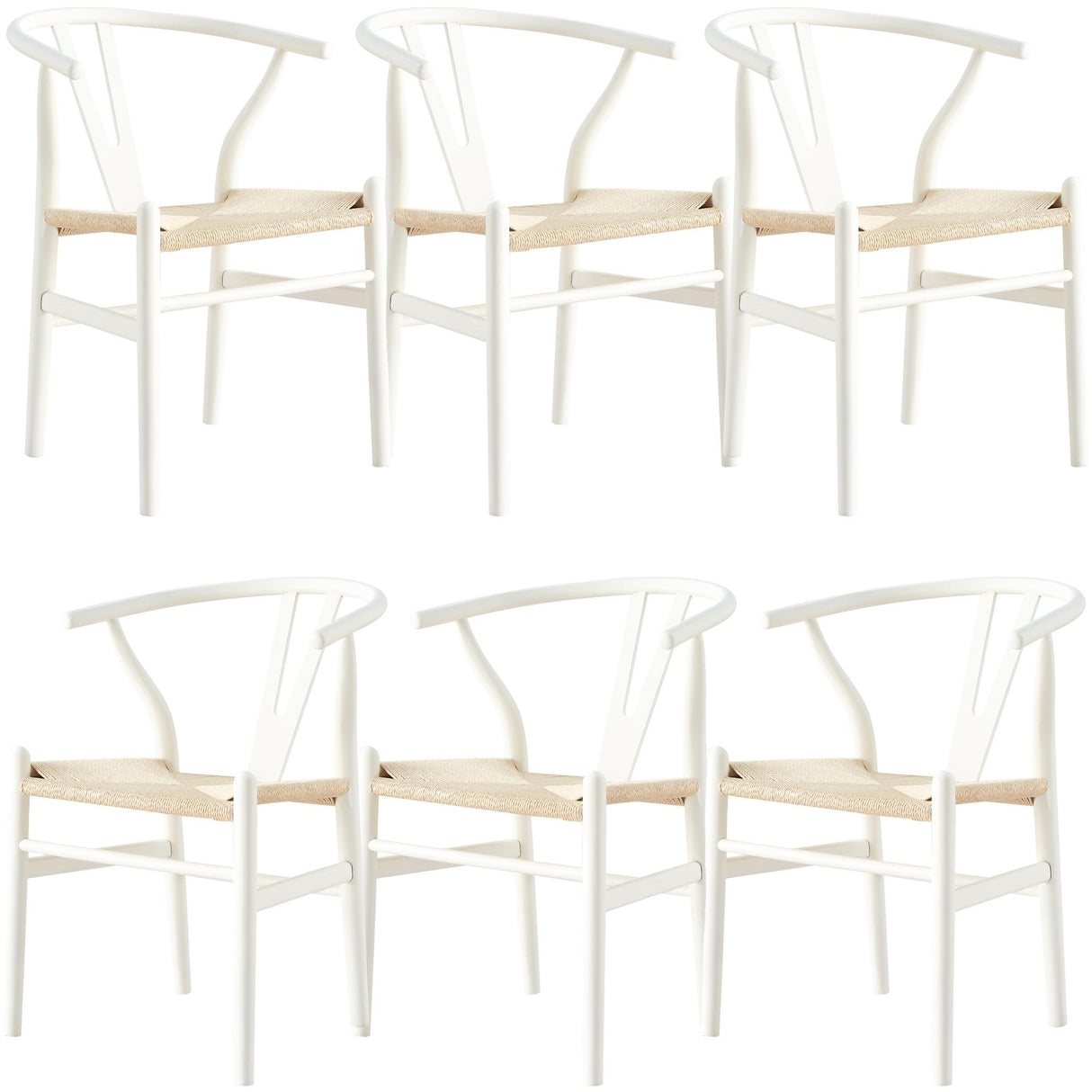 Anemone Set of 6 Wishbone Dining Chair Beech Timber Replica Hans Wenger - White