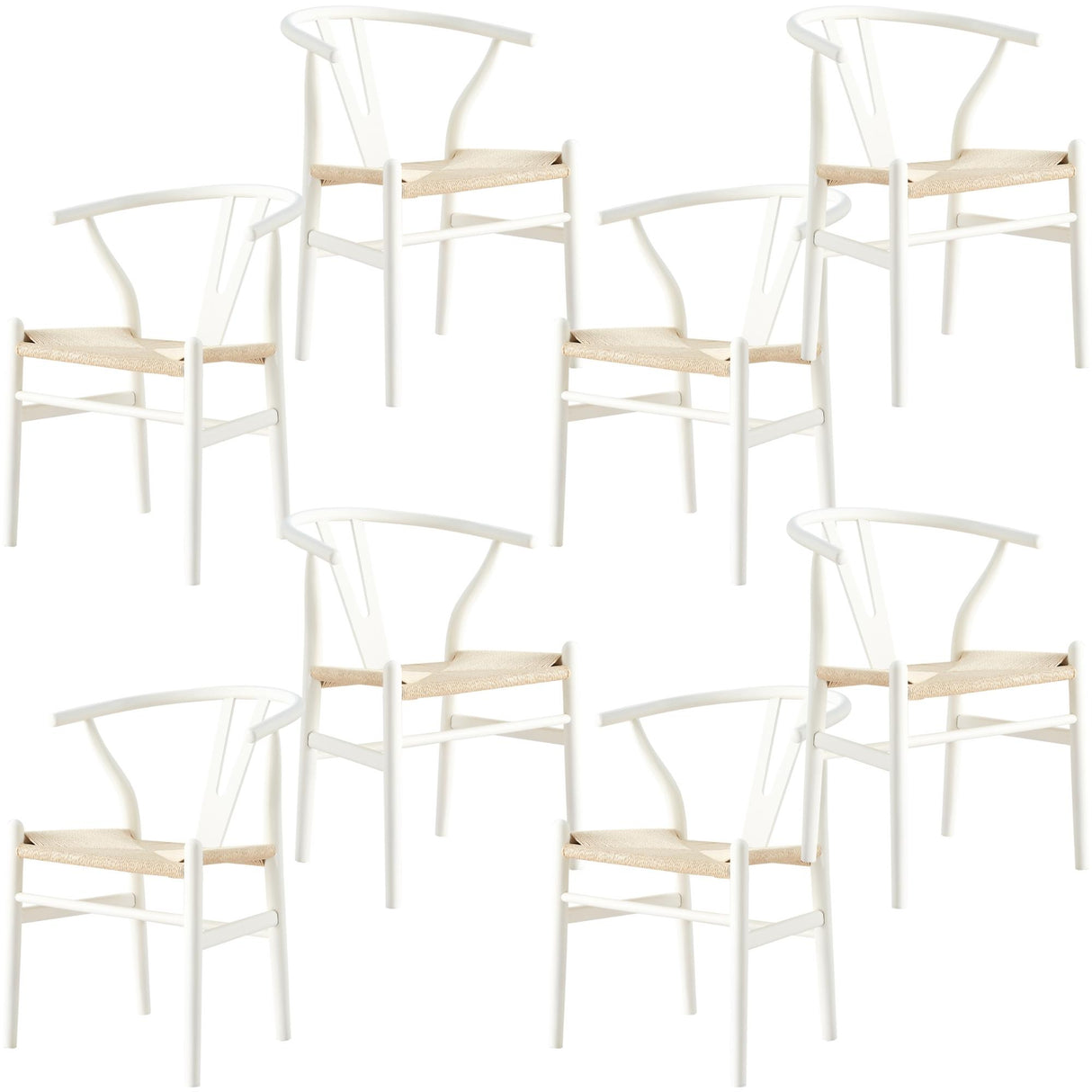 Anemone Set of 8 Wishbone Dining Chair Beech Timber Replica Hans Wenger - White