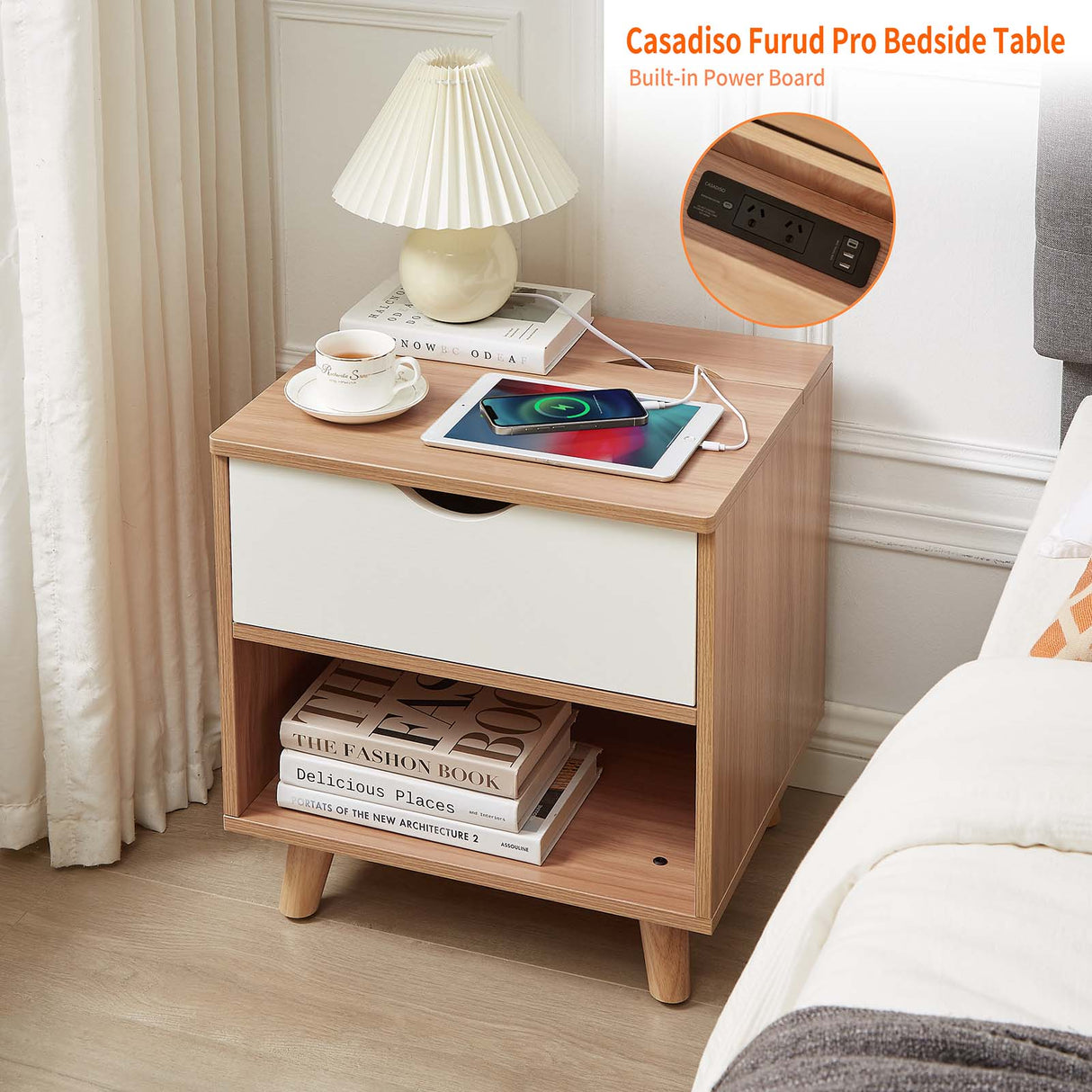 Casadiso Bedside Table with Integrated Powerboard & USB Ports(Casadiso Furud Pro