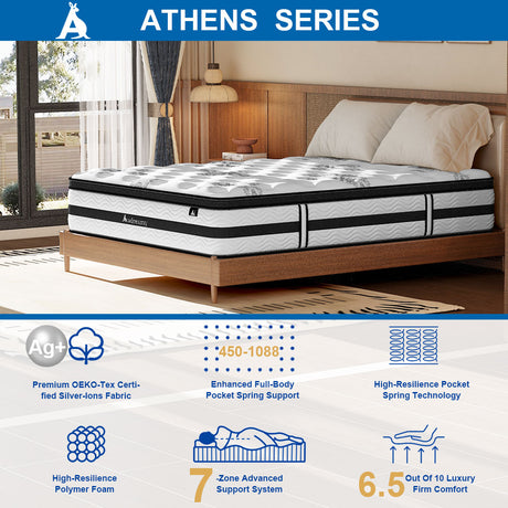 Audreamy Athens Mattress – 34cm Spa-Like Plush Soft Euro Top 7-Zone Pocket Spring 5D Support Medium Firm
