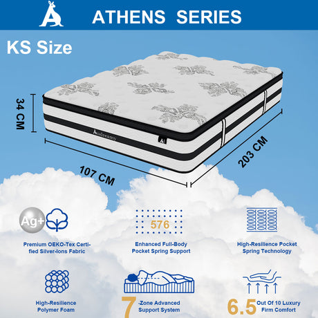 Audreamy Athens Mattress – 34cm Euro Top 7-Zone Pocket Spring 5D Support Medium Firm (King Single)