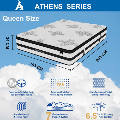 Audreamy Athens Mattress – 34cm Euro Top 7-Zone Pocket Spring 5D Support Medium Firm (Queen)