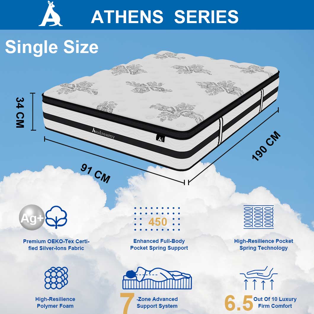 Audreamy Athens Mattress – 34cm Euro Top 7-Zone Pocket Spring 5D Support Medium Firm (Single)