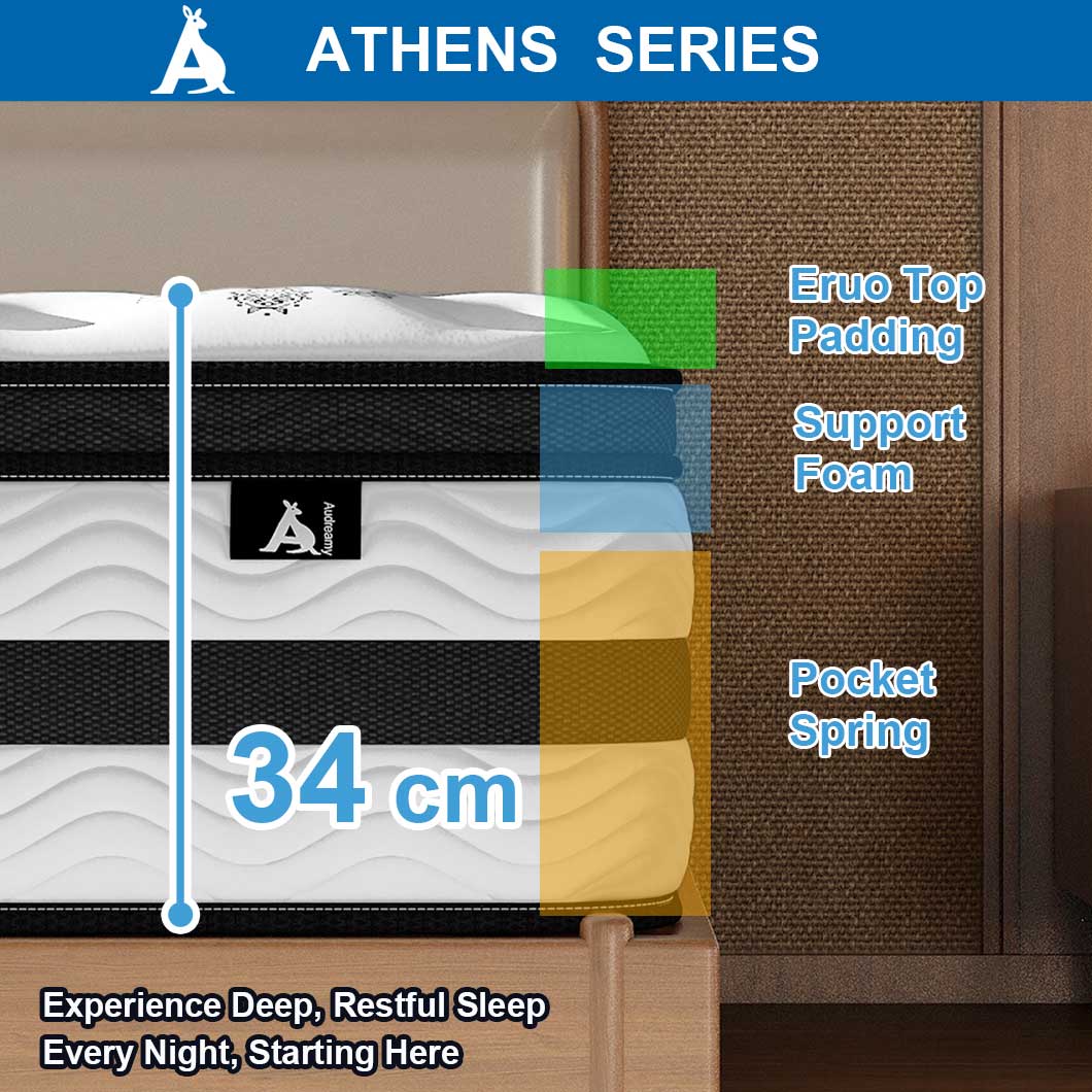 Audreamy Athens Mattress – 34cm Plush Euro Top 7-Zone Pocket Spring 5D Support Medium Firm (Queen)