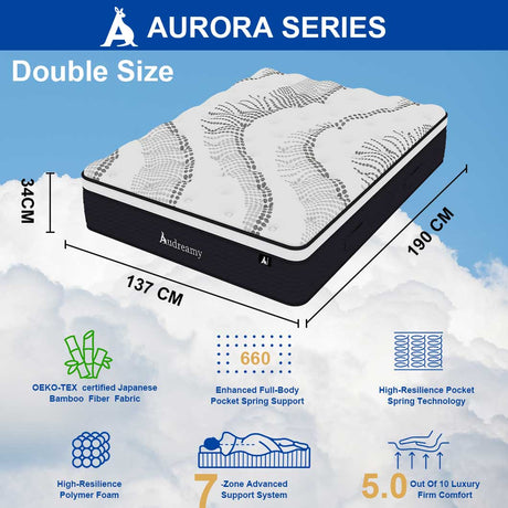 Audreamy Aurora Mattress – 34cm Ergonomic 4D Plush Euro Top Bamboo Fiber Fabric 7-Zone Pocket Spring Medium Firm  (Double)