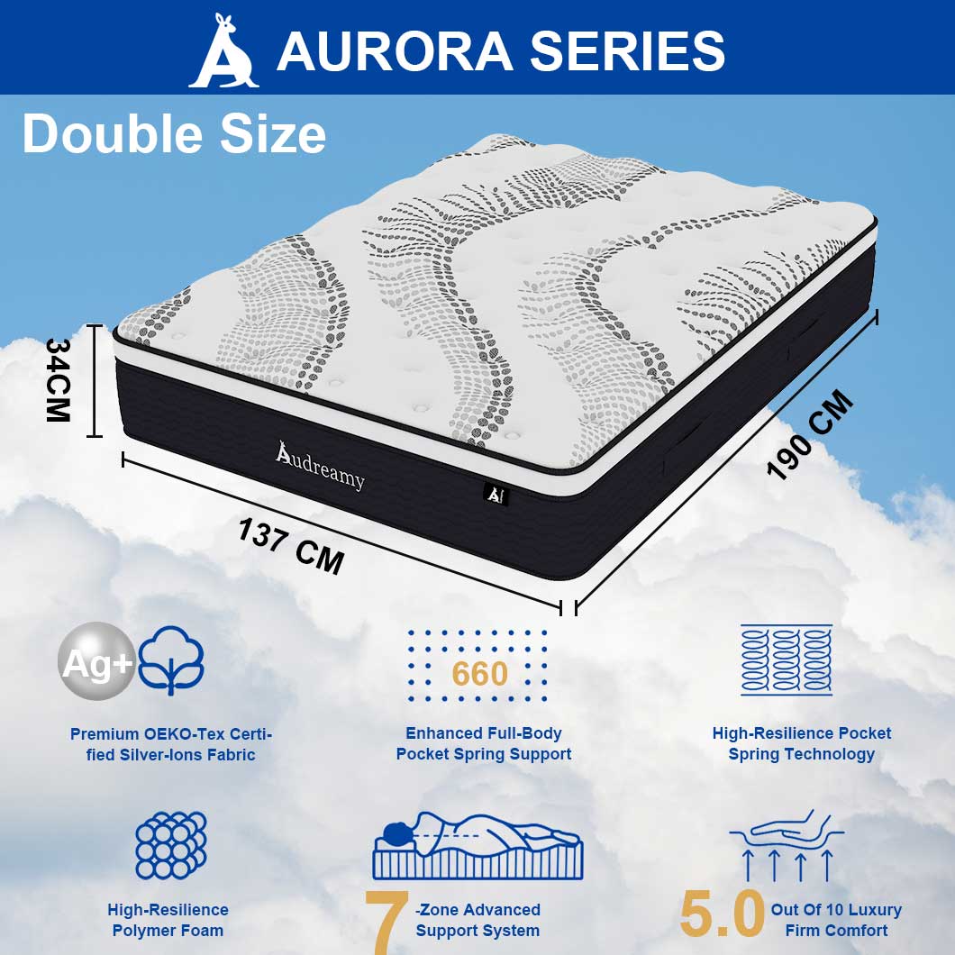 Audreamy Aurora Mattress – 34cm Ergonomic 4D Euro Top 7-Zone Pocket Spring Medium Firm (Double)