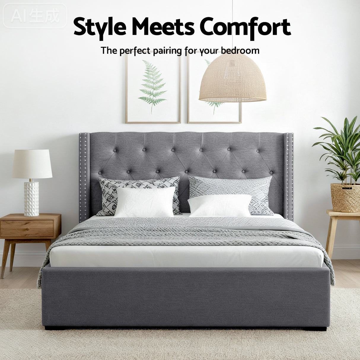 Artiss Queen Bed Frame Storage Tufted Headboard Gas Lift Base Grey