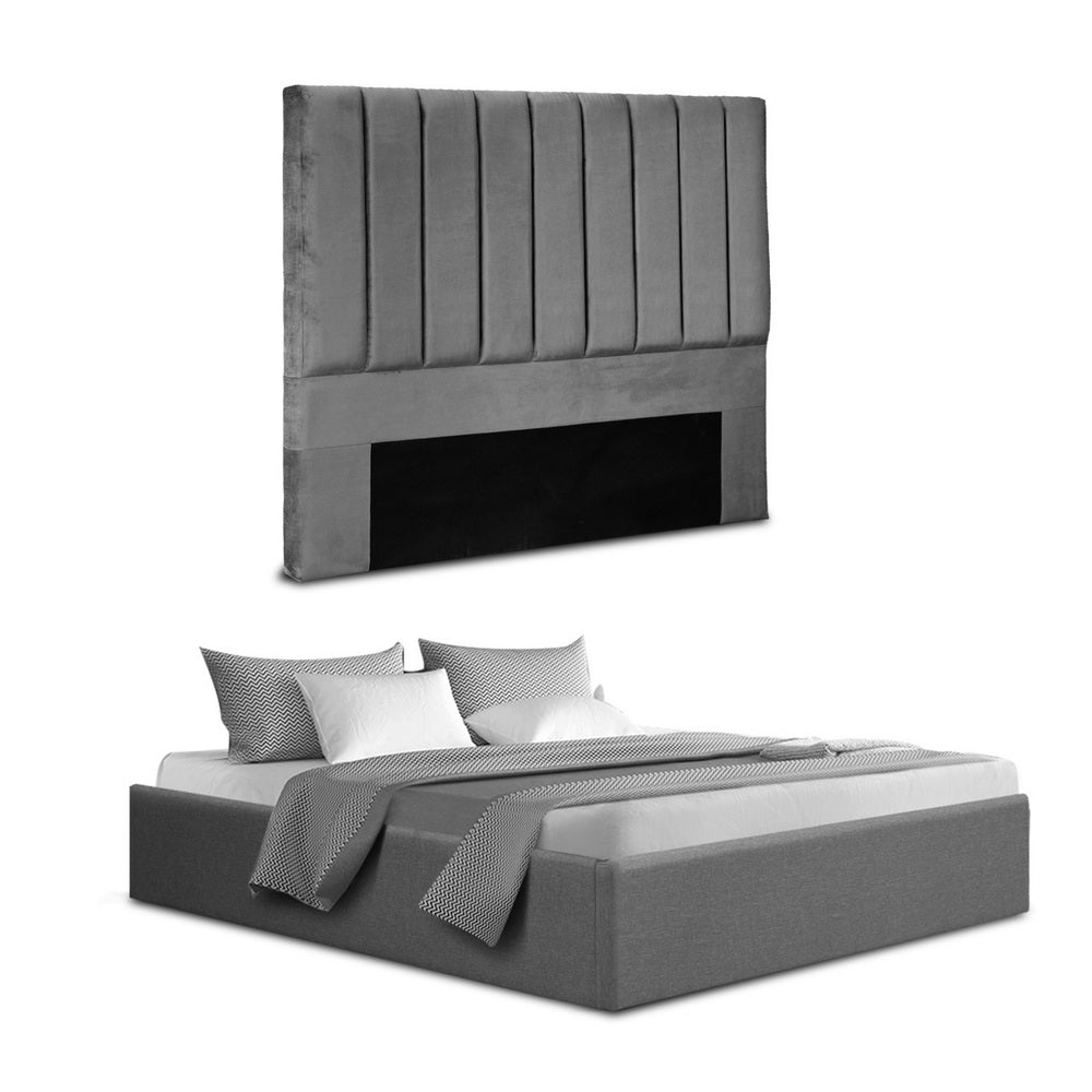 Artiss Double Bed Frame with Storage Grey Velvet Headboard Gas Lift Platform Base