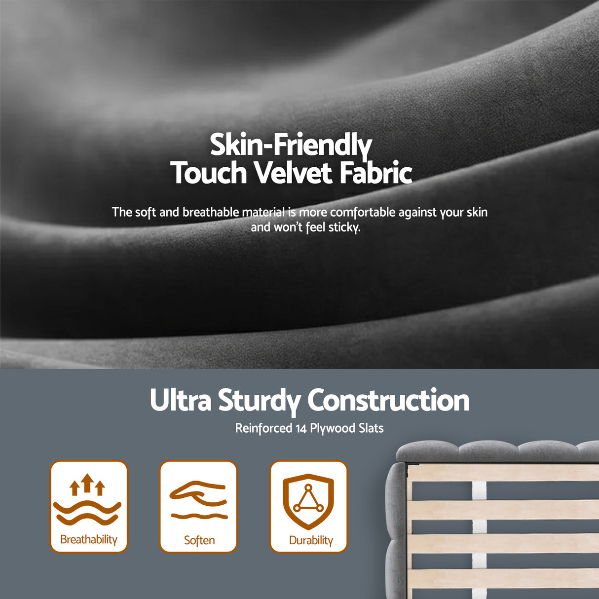 Artiss King Size Bed Frame Plush Soft Headboard Velvet Platform Base for Modern Bedrooms Grey