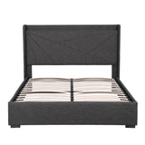 Artiss Queen Bed Frame Gas Lift Storage Bed with Charging Ports Upholstered Geometric Headboard Charcoal Grey