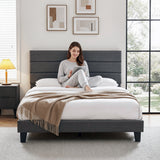 Artiss Double Bed Frame Upholstered Platform Base with Geometric Headboard Charcoal Grey Linen Wood Slats for Modern Bedroom Furniture Home Decor