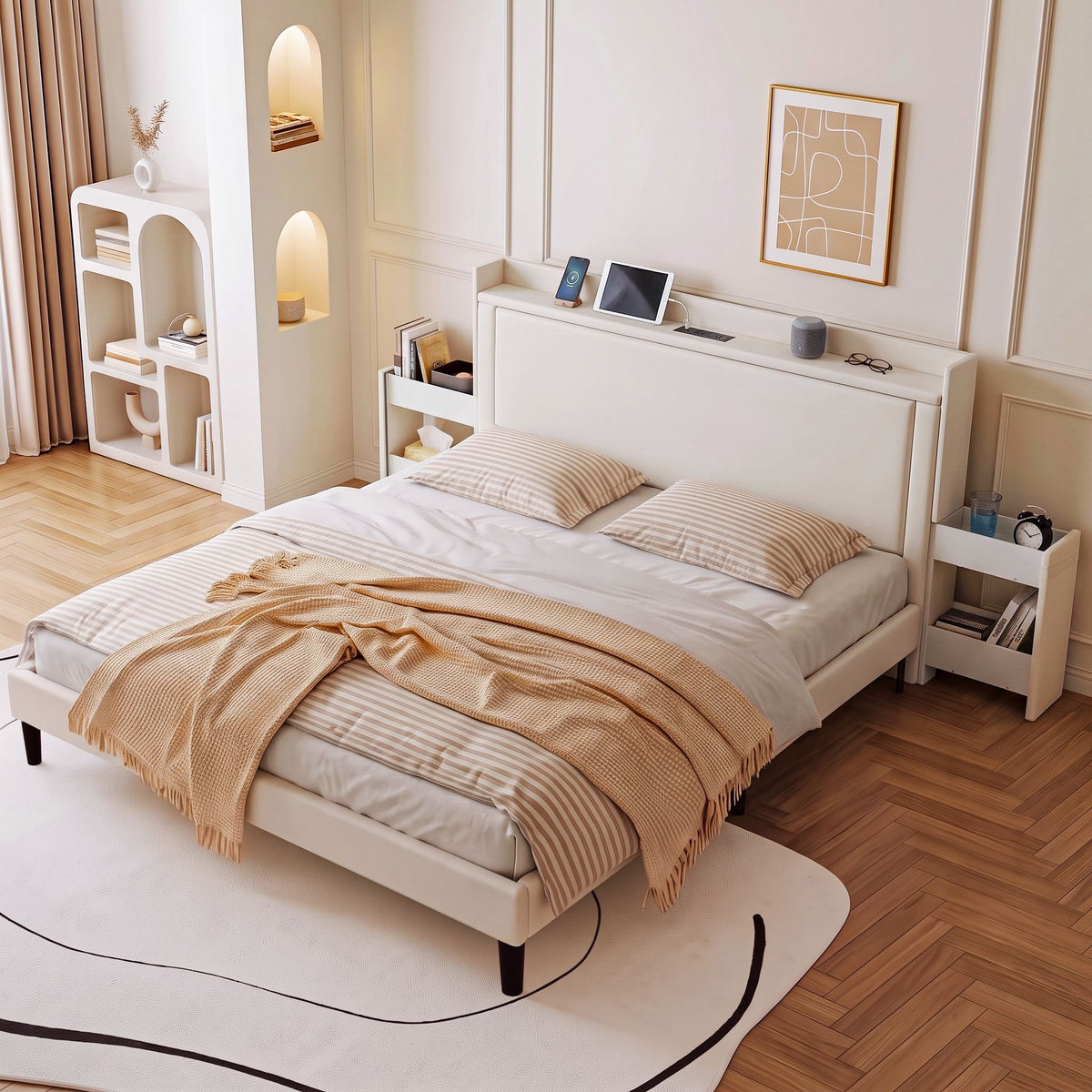 Artiss Double Bed Frame with USB Charging and Side Storage Shelves Beige