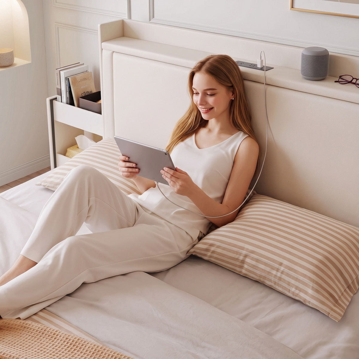 Artiss Double Bed Frame with USB Charging and Side Storage Shelves Beige
