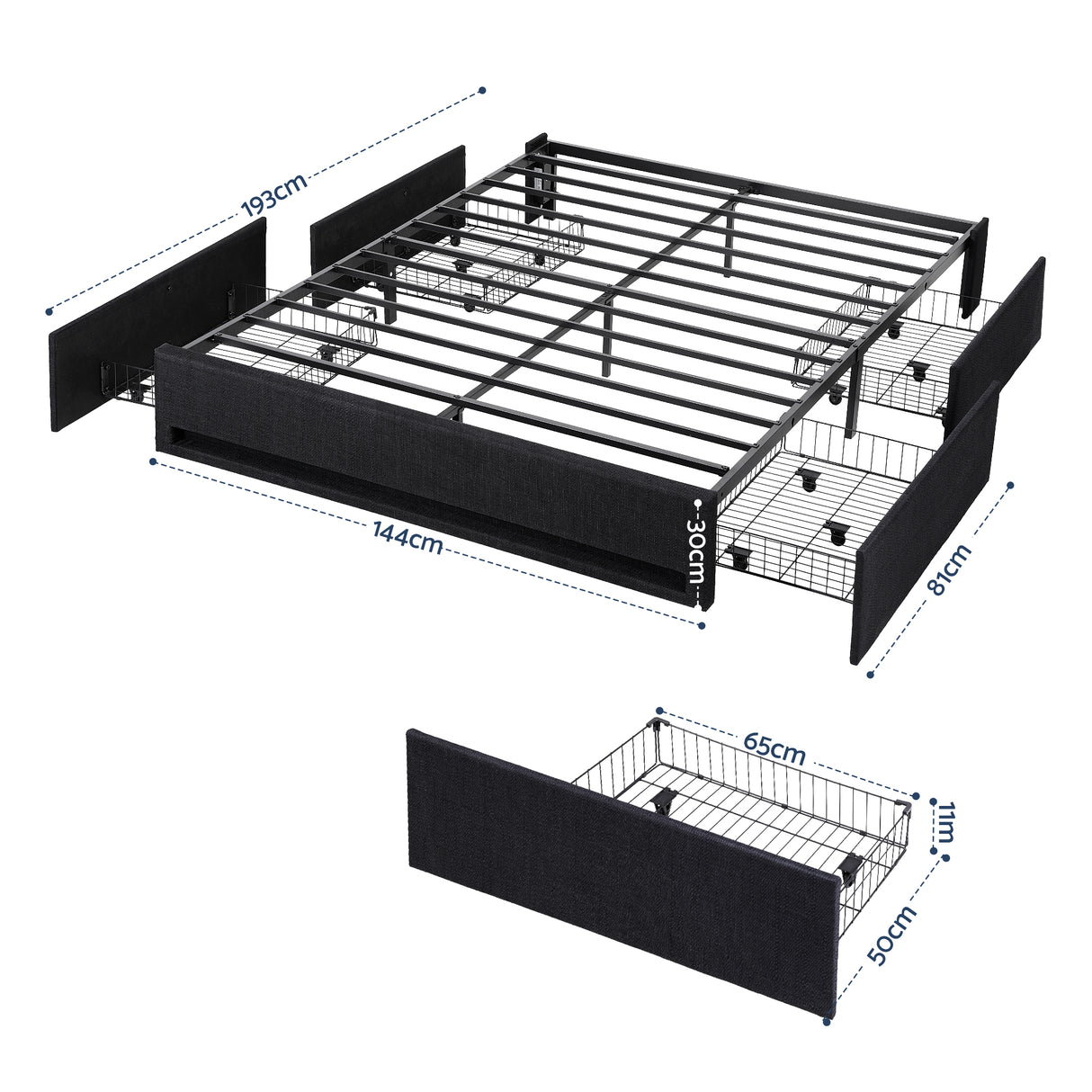 Artiss Double Bed Frame with Storage Drawers RGB Lights Charging Station Upholstered Fabric
