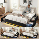 Artiss Double Bed Frame with Storage Drawers RGB Lights Charging Station Upholstered Fabric
