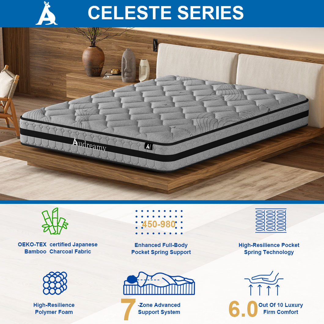 Audreamy Celeste Mattress – 23 cm Plush Tight Top Bamboo Charcoal Fabric 7-Zone Pocket Spring Medium Firm