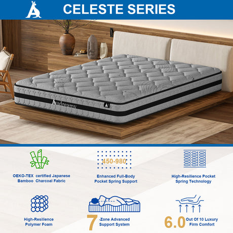Audreamy Celeste Mattress – 23 cm Plush Tight Top Bamboo Charcoal Fabric 7-Zone Pocket Spring Medium Firm