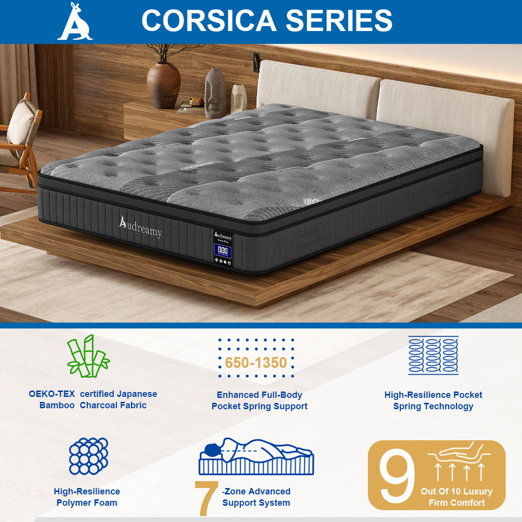 Audreamy Corsica Mattress – 26 cm Euro Top Bamboo Charcoal Fabric 7-Zone Pocket Spring Orthopedic Support for Back & Spine Health Extra-Firm-Pre-Order Now – Ships by 22/10/2025 at the latest!