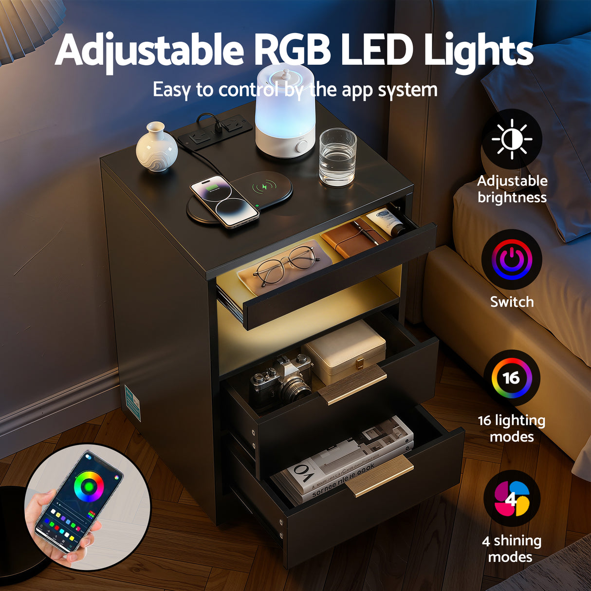 Artiss Bedside Table LED Nightstand Charging Station 2 Drawers - Black