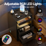 Artiss Bedside Table LED Nightstand Charging Station 2 Drawers - Black