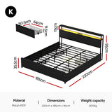 Artiss Metal Bed Frame King Size Storage Headboard Charge Station LED 4 Drawers