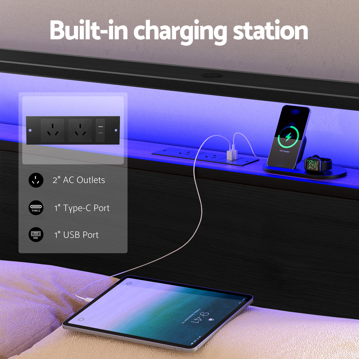 Artiss Metal Bed Frame King Size Storage Headboard Charge Station LED 4 Drawers