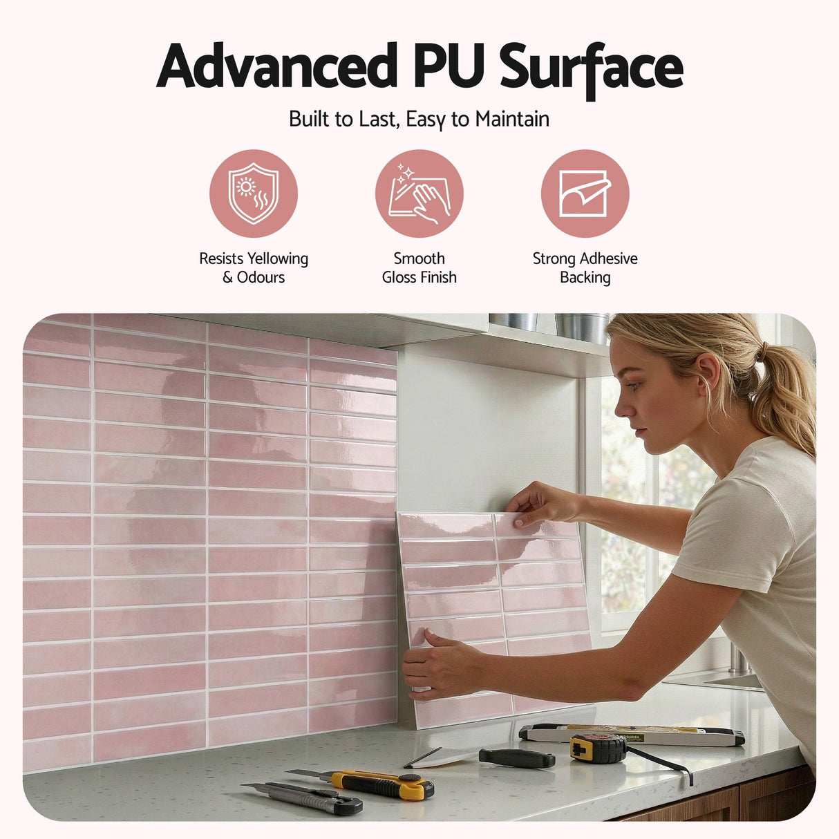 Artiss 3D Peel and Stick Wall Tiles Self Adhesive LinearGrid Backsplash 10 Sheets, Pink