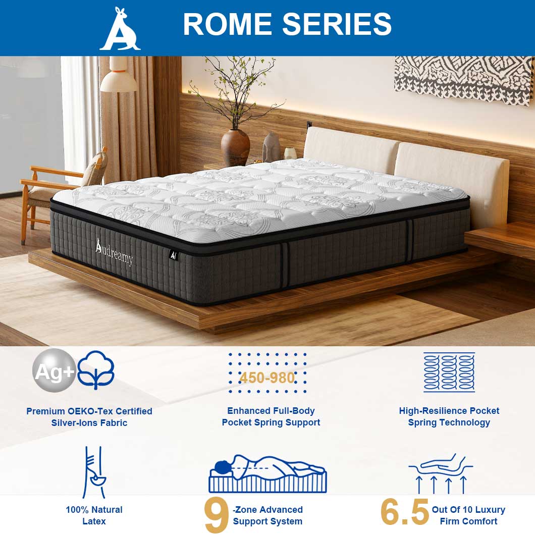 Audreamy Rome Mattress – 34cm Euro Top 100% Natural Latex Memory Foam 9-Zone Pocket Spring Hybrid Medium Firm All Sizes（In-stock sizes S & D ship now. KS, Q & K sizes Pre-Order，ship by 20/02/2025）