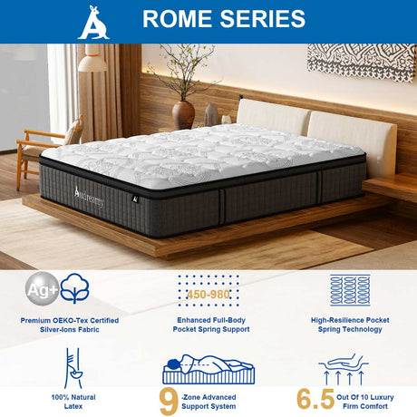 Audreamy Rome Mattress – 34cm Euro Top 100% Natural Latex Memory Foam 9-Zone Pocket Spring Hybrid Medium Firm All Sizes