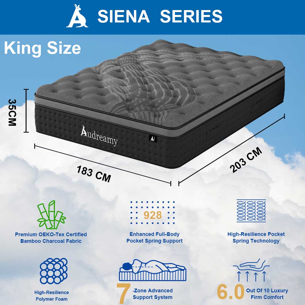 Audreamy Siena Mattress – 35cm Plush Euro Top Bamboo Charcoal Fabric 7-Zone Pocket Spring Medium Firm (King)