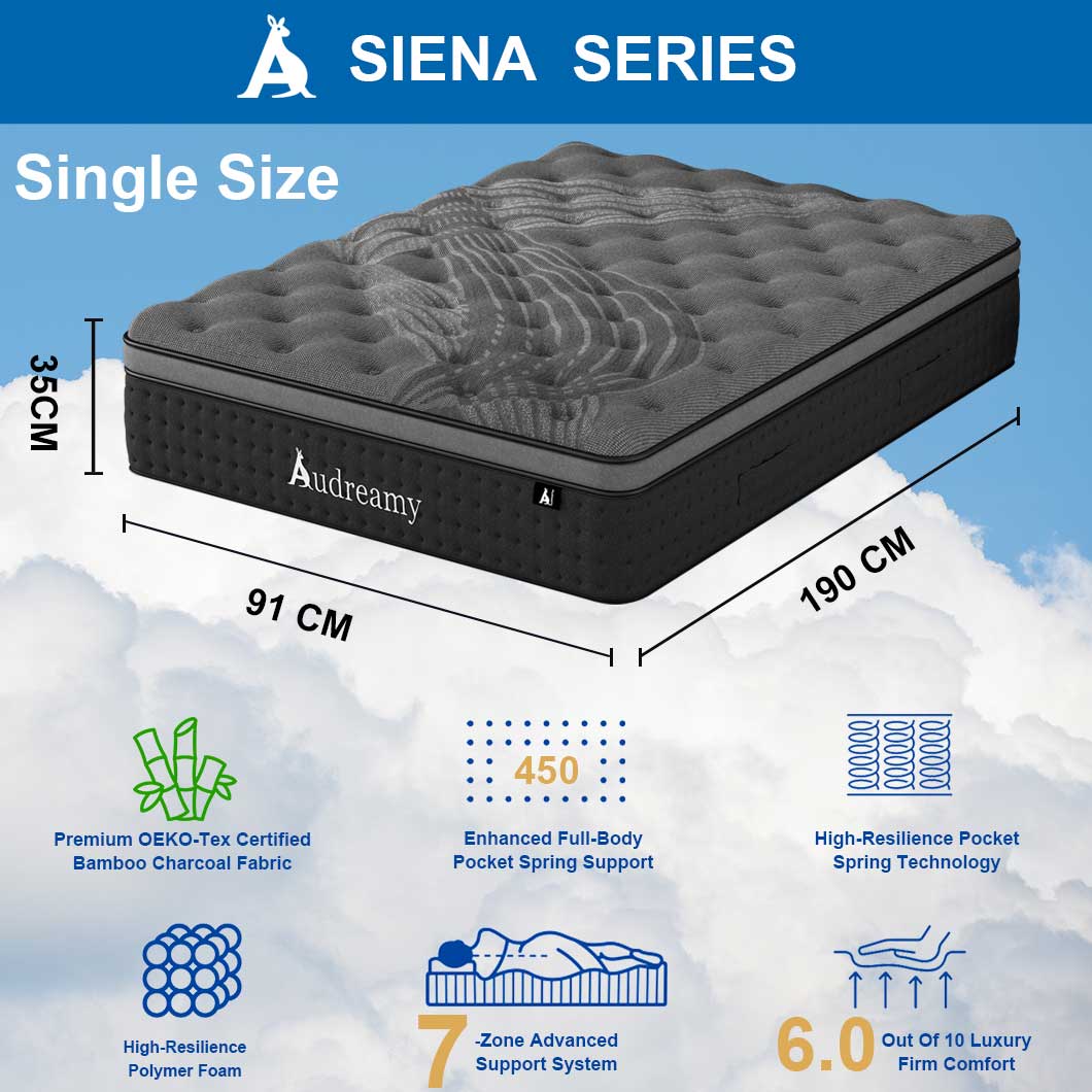 Audreamy Siena Mattress – 35cm Plush Euro Top Bamboo Charcoal Fabric 7-Zone Pocket Spring Medium Firm (Single) Pre-Order NOW – Ships by 30/08/2025