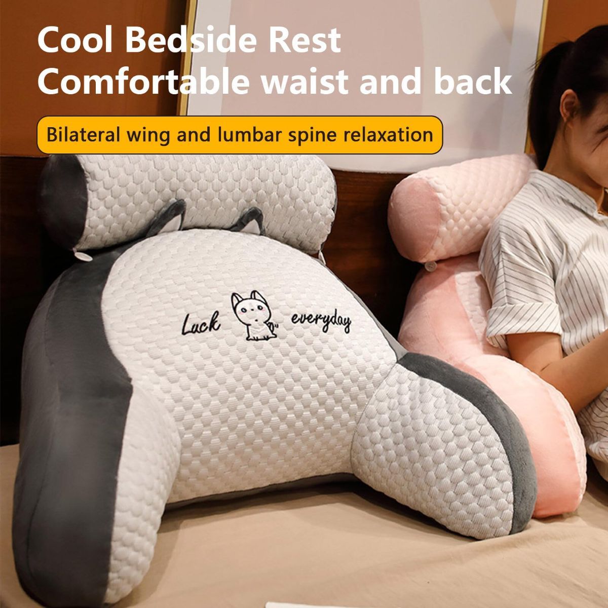 Reading Pillow for Kid Or Adult Large Back Pillow for Sitting Up in Bed Detachable Neck Roll with Arms Large Bed Rest Pillow Back Pillow for Sitting in Bed Watching TV Reading - Pink - Size 60*40CM