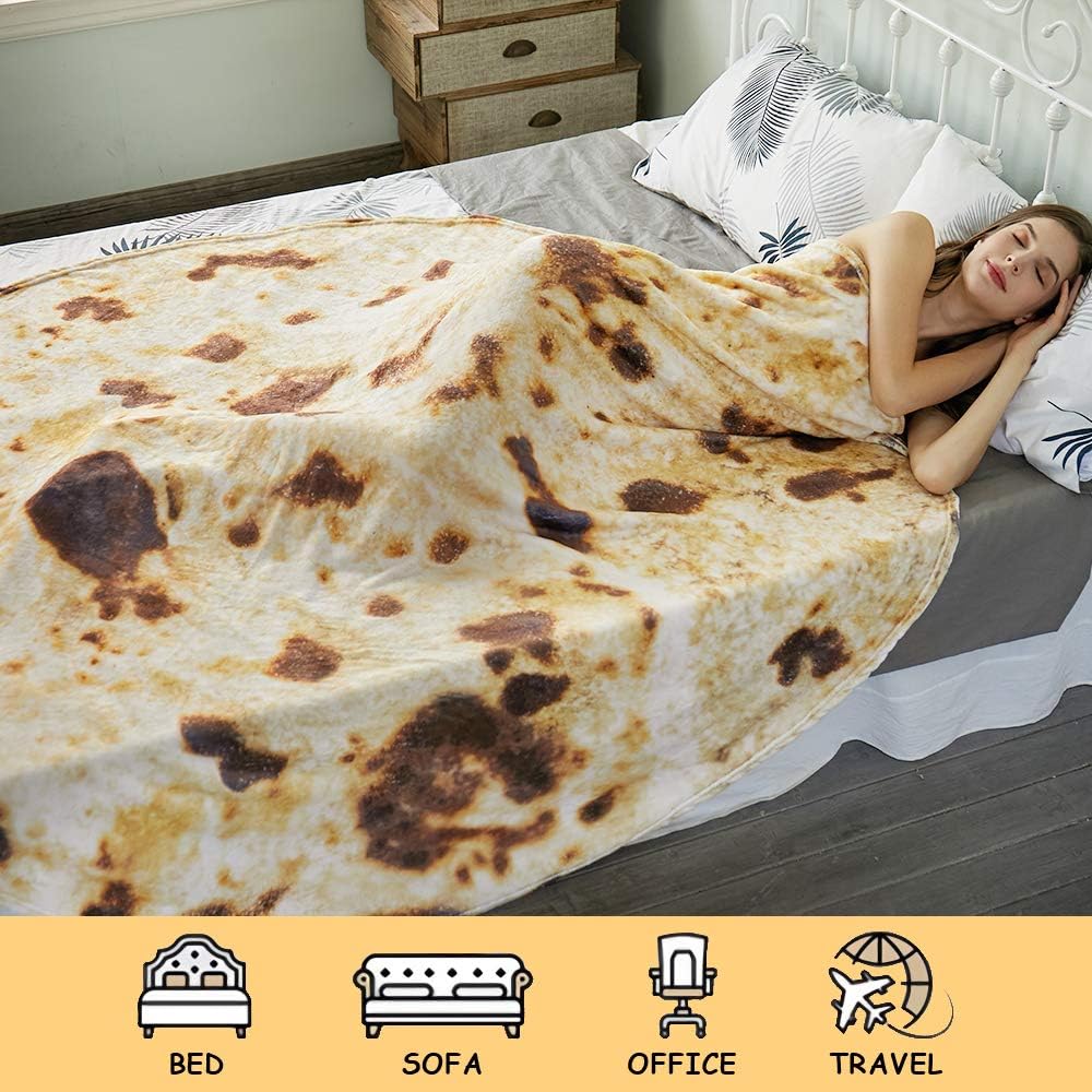Burritos Tortilla Throw Blanket (Brown), Novelty Funny Round Blanket for Kids & Adults, Soft Flannel Tortilla Wrap Blanket（60",Teenagers）