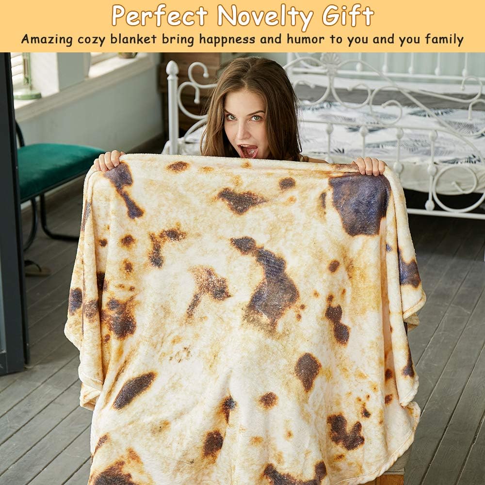 Burritos Tortilla Throw Blanket (Brown), Novelty Funny Round Blanket for Kids & Adults, Soft Flannel Tortilla Wrap Blanket（71", Adults）
