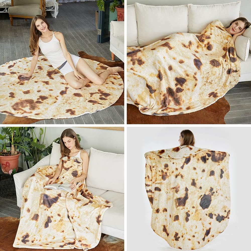 Burritos Tortilla Throw Blanket (Brown), Novelty Funny Round Blanket for Kids & Adults, Soft Flannel Tortilla Wrap Blanket（71", Adults）