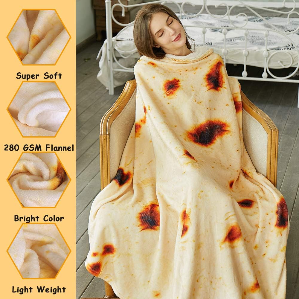 Burritos Tortilla Throw Blanket (Yellow), Novelty Funny Round Blanket for Kids & Adults, Soft Flannel Tortilla Wrap Blanket（71", Adults）