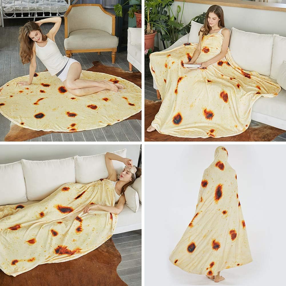 Burritos Tortilla Throw Blanket (Yellow), Novelty Funny Round Blanket for Kids & Adults, Soft Flannel Tortilla Wrap Blanket（71", Adults）