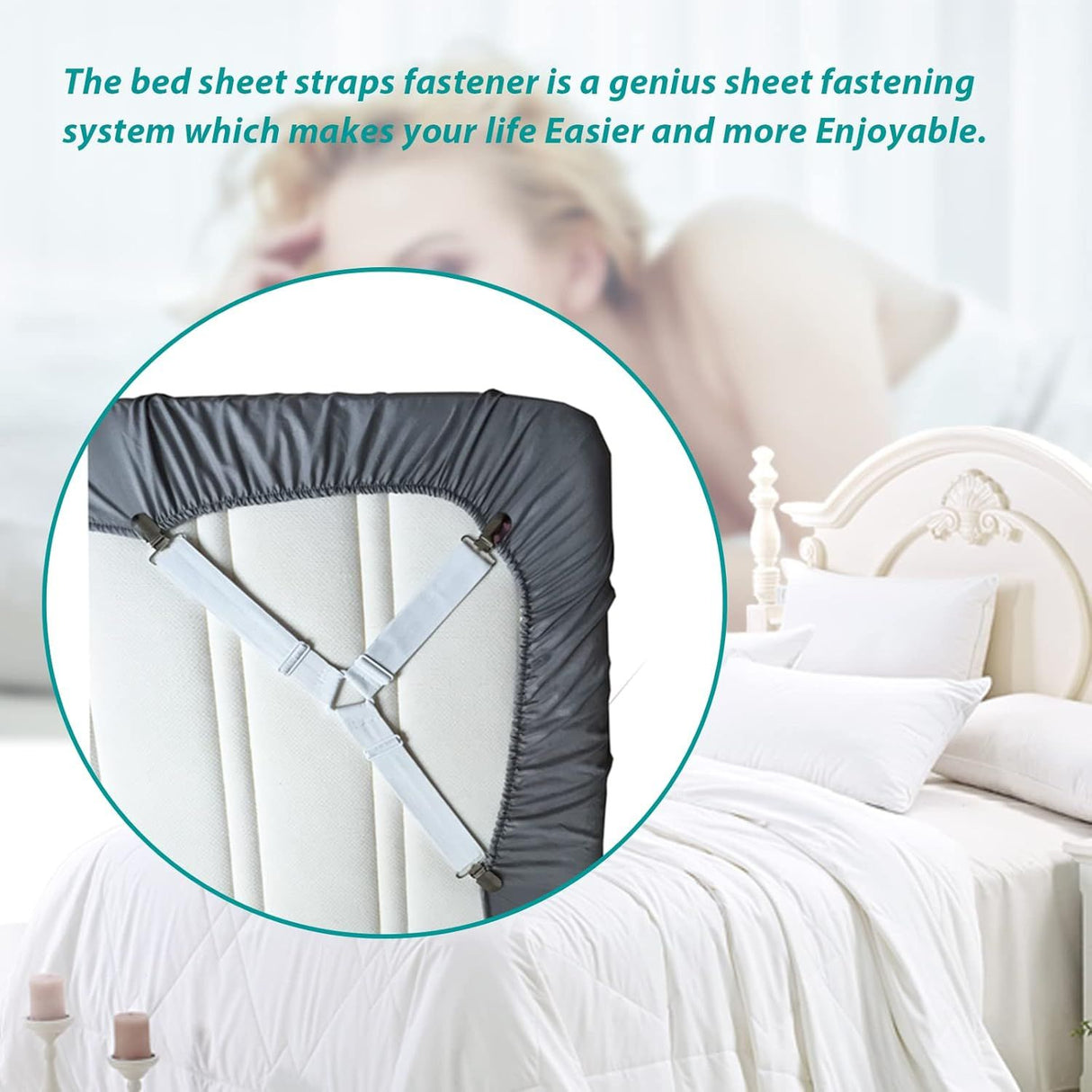 8-Pack Adjustable Bed Sheet Fasteners with Triangle 3-Clamp Design, White Elastic Bands & Nickel-Plated Clips—Secures Fitted Sheets, Sofa Covers, Car Seat Covers, and Tablecloths—Easy Install, Reusable