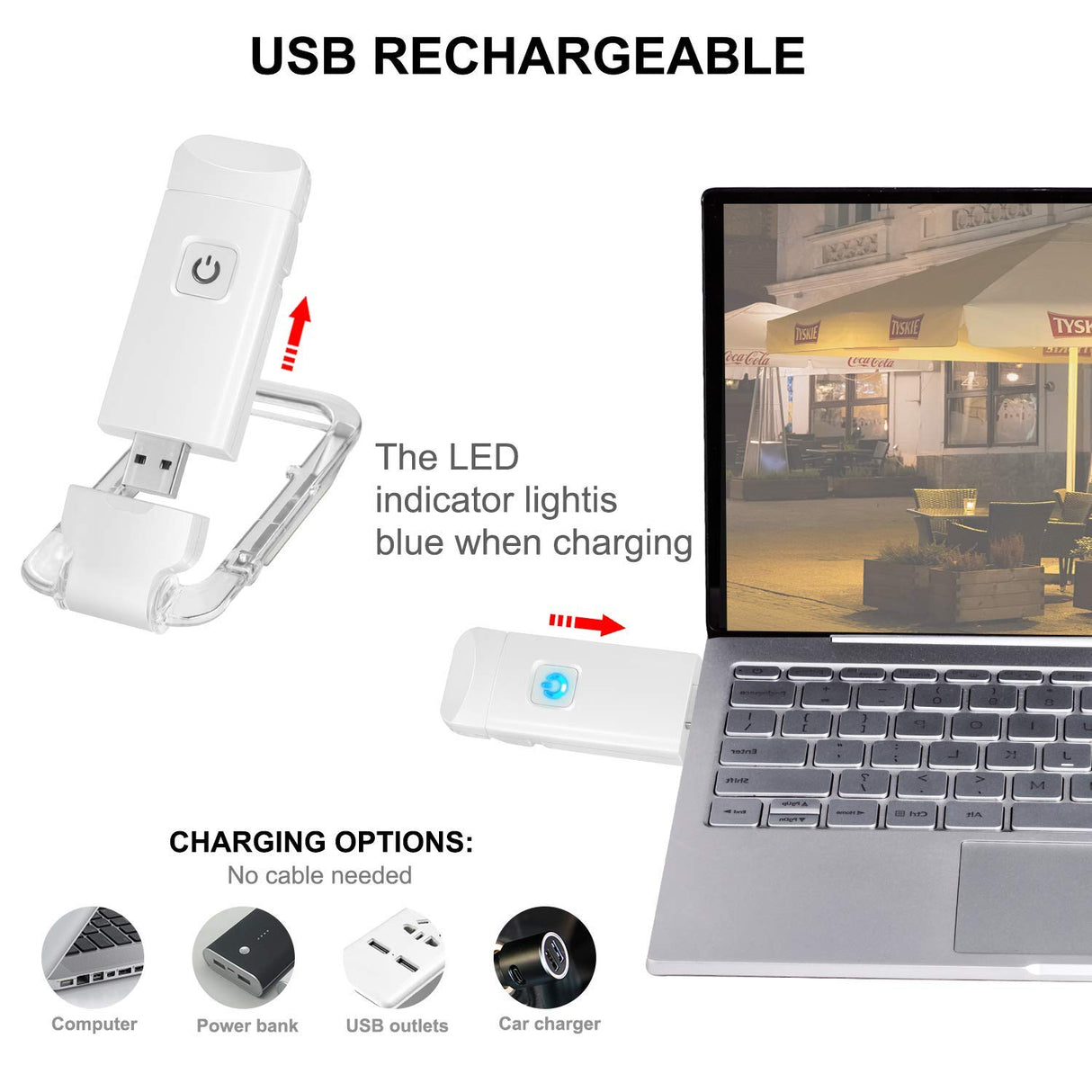 Rechargeable LED Book Light with Dimmable Warm White & Amber Modes – USB-Powered Clip-On Reading Lamp for Books, Sheet Music & Travel (White)