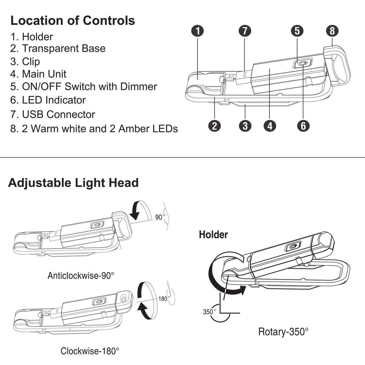 Rechargeable LED Book Light with Dimmable Warm White & Amber Modes – USB-Powered Clip-On Reading Lamp for Books, Sheet Music & Travel (White)