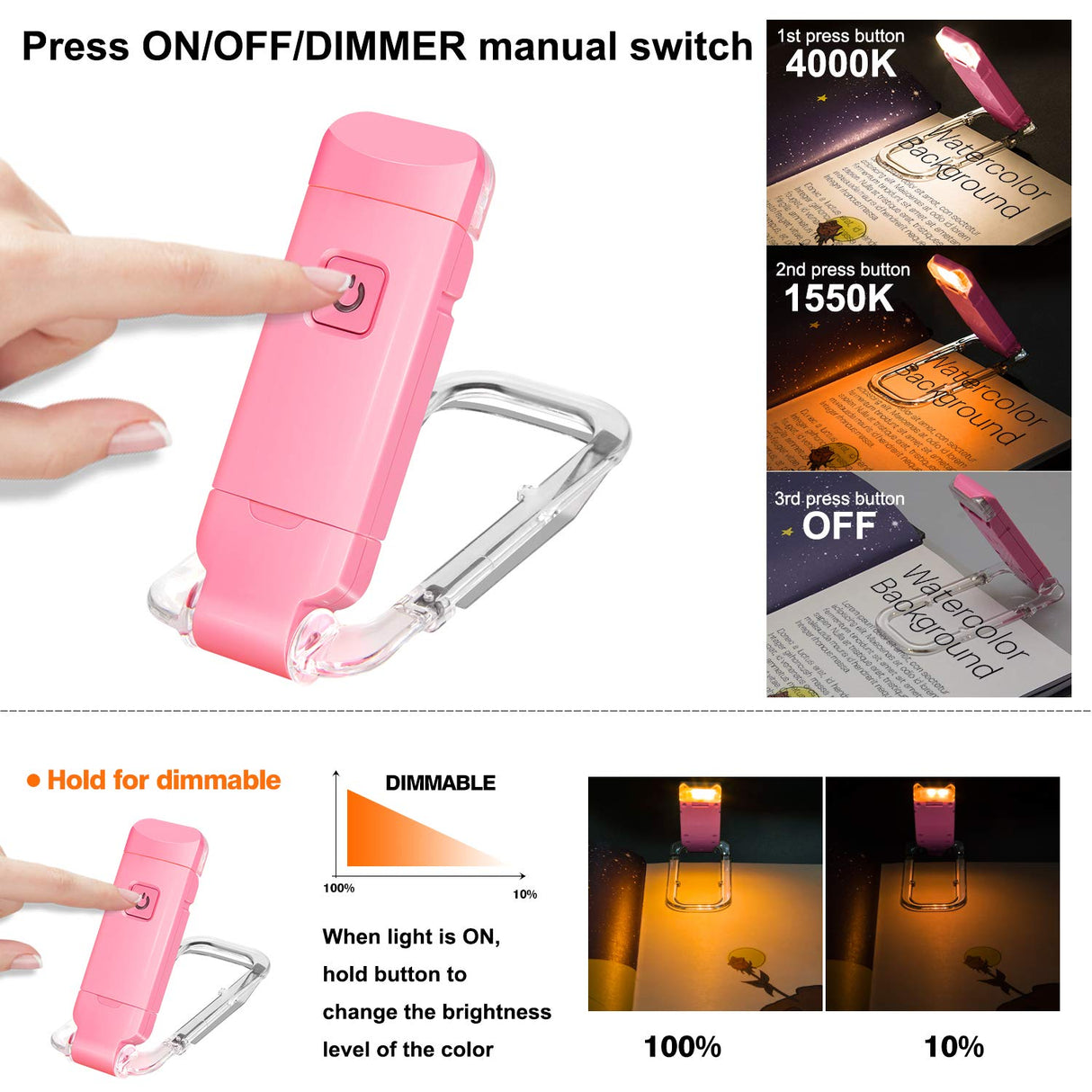 Rechargeable LED Book Light with Dimmable Warm White & Amber Modes – USB-Powered Clip-On Reading Lamp for Books, Sheet Music & Travel (Pink)