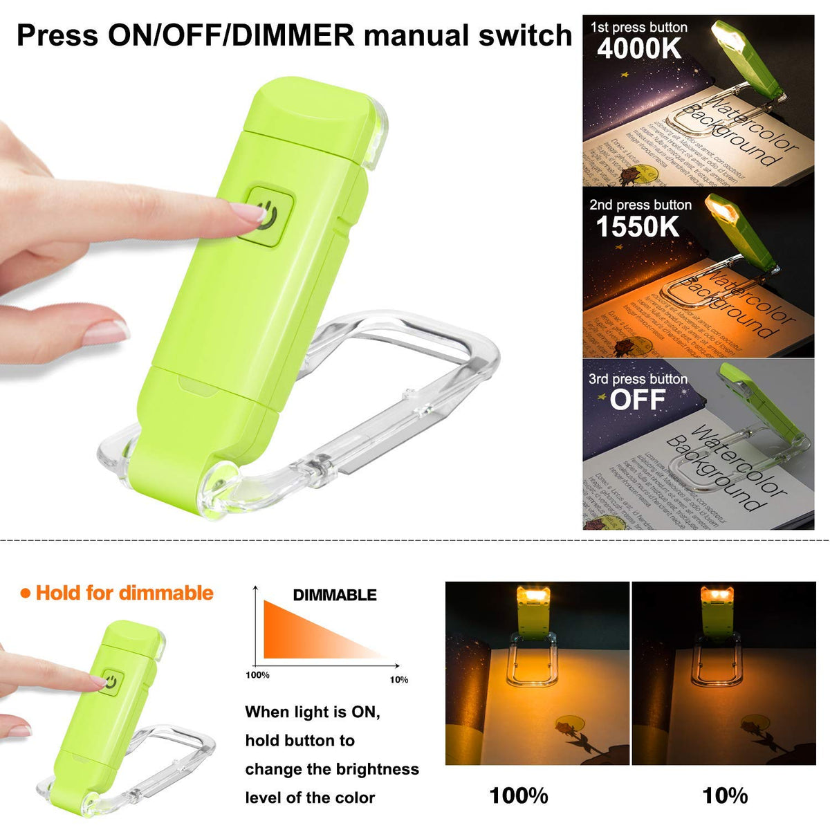 Rechargeable LED Book Light with Dimmable Warm White & Amber Modes – USB-Powered Clip-On Reading Lamp for Books, Sheet Music & Travel (Green)