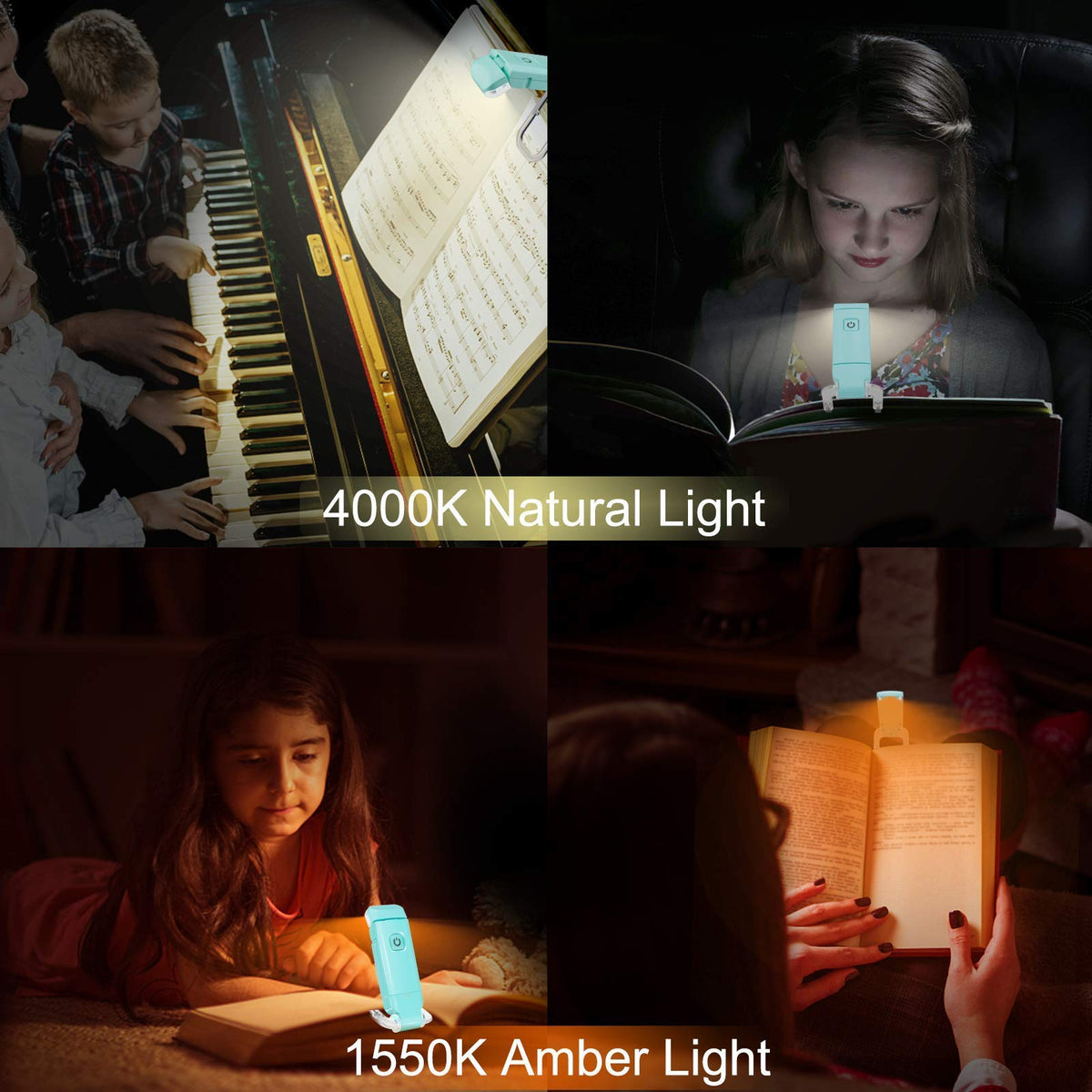 Rechargeable LED Book Light with Dimmable Warm White & Amber Modes – USB-Powered Clip-On Reading Lamp for Books, Sheet Music & Travel (Blue)