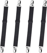 4-Pack Adjustable Bed Sheet Straps with Clips, Elastic Sheet Fasteners for Fitted Sheets, Sofa Covers, Tablecloths, Anti-Slip Grippers for Crib to King Size Beds (Black)