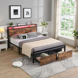 Double Bed Frame with Storage, Industrial Bed with Led Lights Headboard and 2 Drawers, Wooden Bed Frames with Charging Station, Noise Free, No Box Spring Needed, Easy Assembly, Rustic Brown