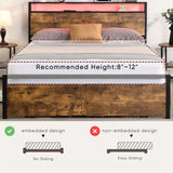 Queen Bed Frame with Storage, Industrial Bed with Led Lights Headboard and 2 Drawers, Wooden Bed Frames with Charging Station, Noise Free, No Box Spring Needed, Easy Assembly, Rustic Brown
