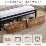 Queen Bed Frame with Storage, Industrial Bed with Led Lights Headboard and 2 Drawers, Wooden Bed Frames with Charging Station, Noise Free, No Box Spring Needed, Easy Assembly, Rustic Brown